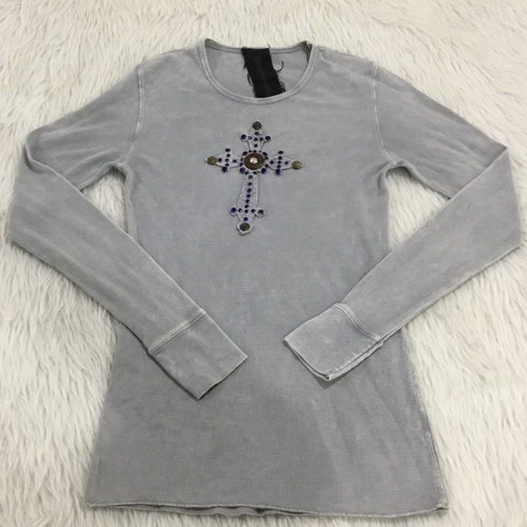 Distressed women’s embellished rocker gothic Gray long sleeve cross shirt size M - Picture 2 of 8